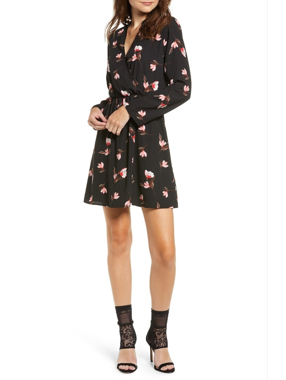 All in Favor Black Floral Wrap Dress with Pink Blossoms